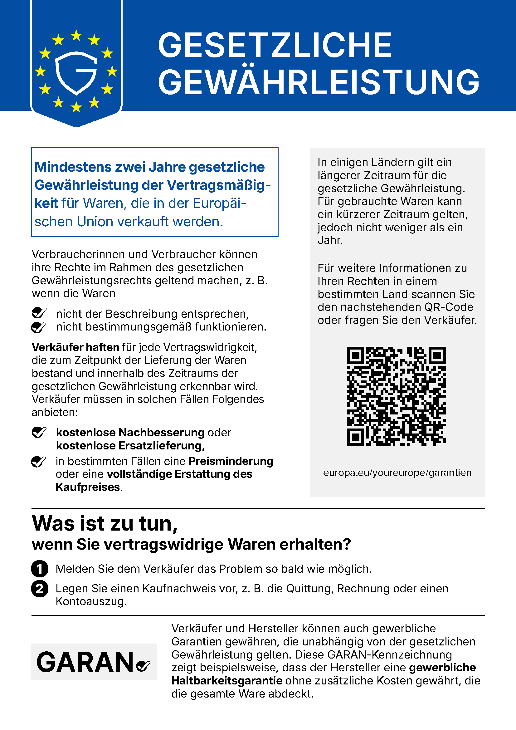 EU-Hinweis: Mindestens zwei Jahre gesetzliche Gewährleistung für Waren, die in der Europäischen Union verkauft werden.